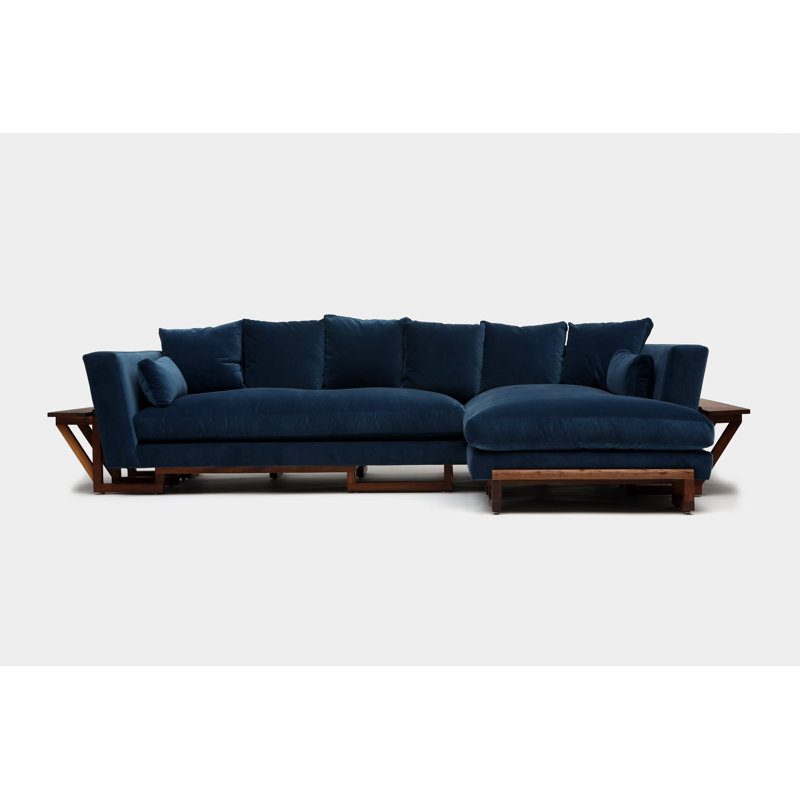 LRG Upholstered L-Shaped Sectional Left Hand Facing, Left and Right Side Trays, Solid Walnut, Emeral Velvet
