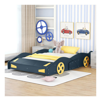 Lit plateforme double en forme de voiture de course avec roues et rangement, bleu foncé et jaune