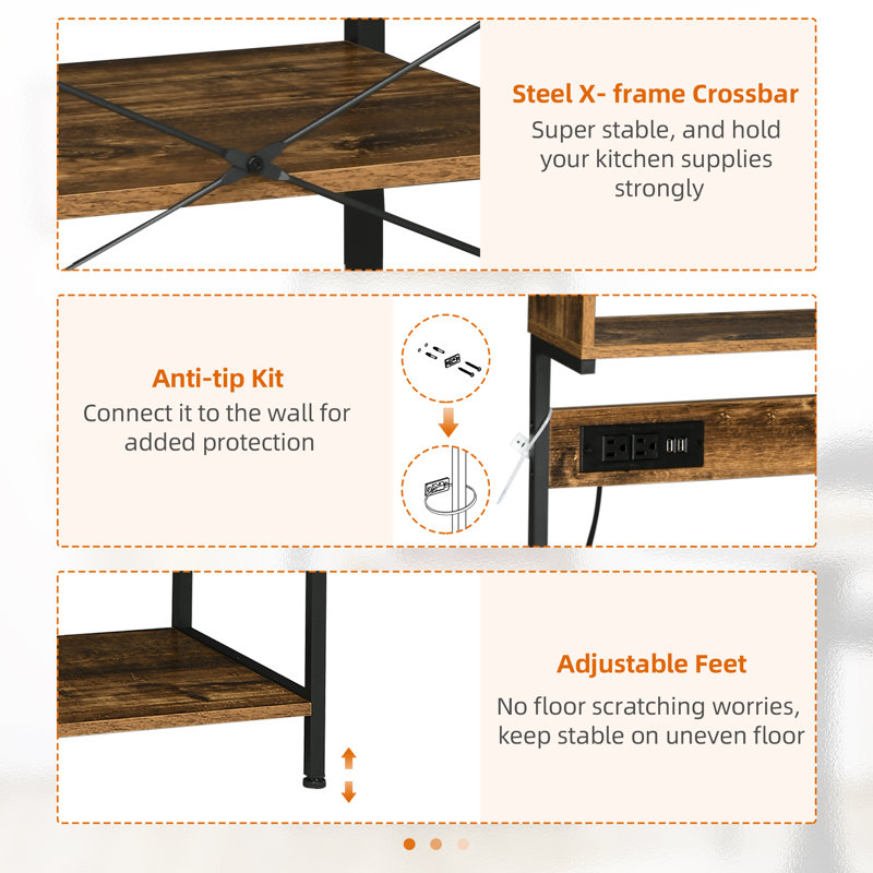 Rustic Brown Adjustable Kitchen Baker's Rack with Power Outlet