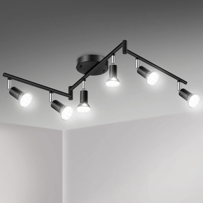LED 6 Light Track Lighting Kit, 46.5'' Black 6 Way Ceiling Spot Lighting, Flexibly Rotatable Head, Track Light Included 6 X LED GU10 Bulb (4W, Daylight White 5000K, 400LM)