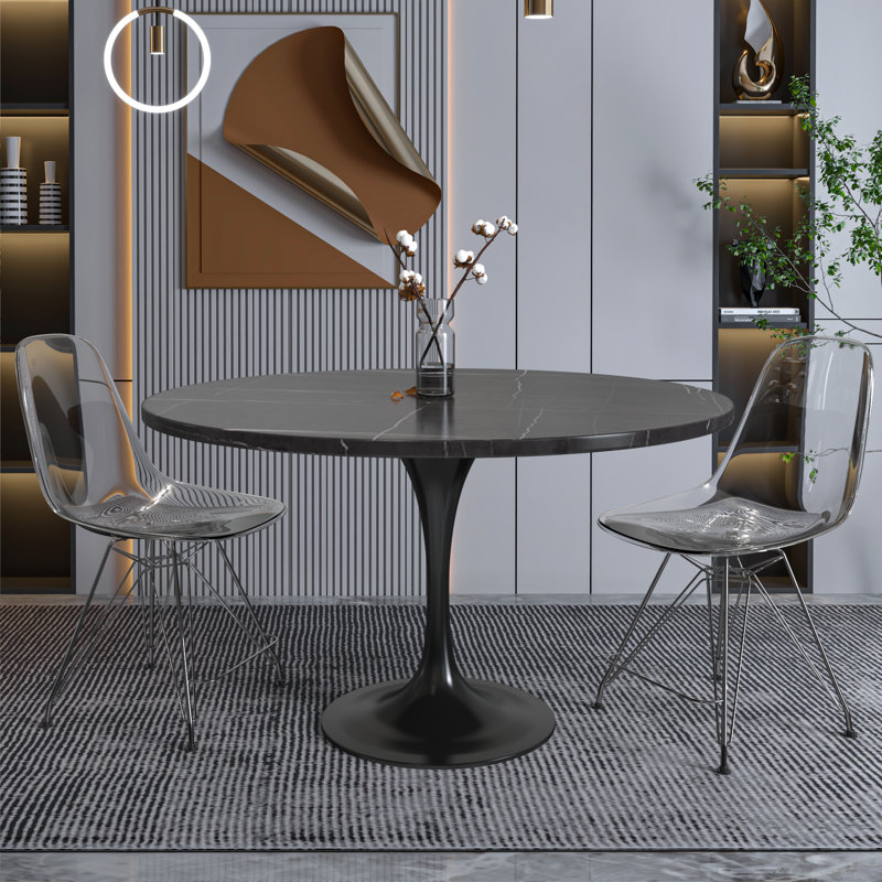 Heatherton Round Dining Table with Resin Top Kitchen Table and Black Stainless Steel Pedestal Base Seats 2-6 Person, 48" Wide