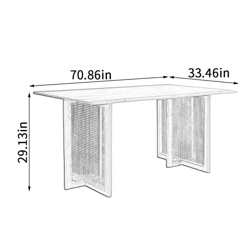 Durable Rectangular Red Oak Rattan Dining Table, 29.13" H x 70.86" L x 33.46" W