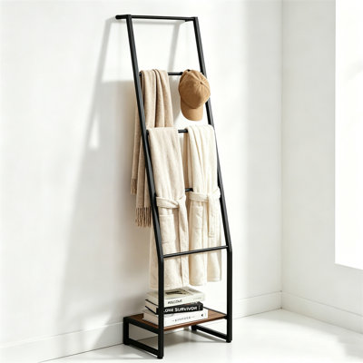Burks With Metal Shelves, 5 Tier Farmhouse Ladder Rack, Wood Base Blanket Holder For Living Room Bedroom Storage And Home Decor