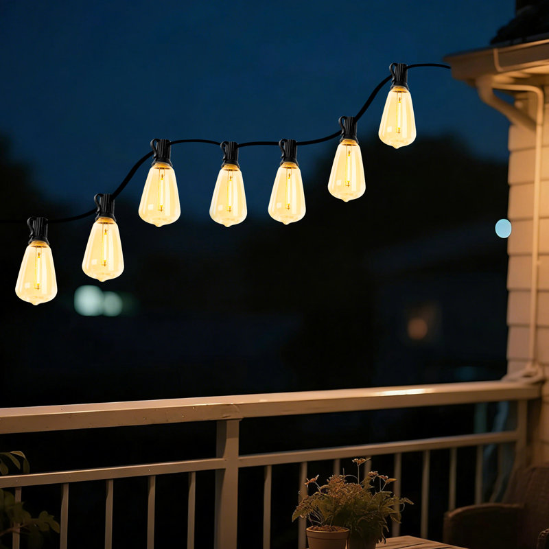 60ft Solar Powered Outdoor String Lights With Remote And 15+1 Shatterproof Led Bulbs, Waterproof, Warm White, Usb Rechargeable