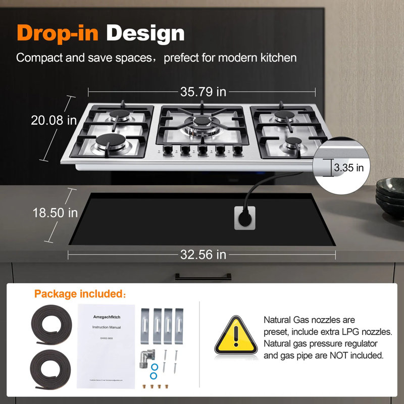 Plaque de cuisson à 36 brûleurs 36 pouces, 5 brûleurs scellés, acier inoxydable, 34 000 BTU au total, brûleurs scellés, convertible en ng / gpl, sécurité par thermocouple