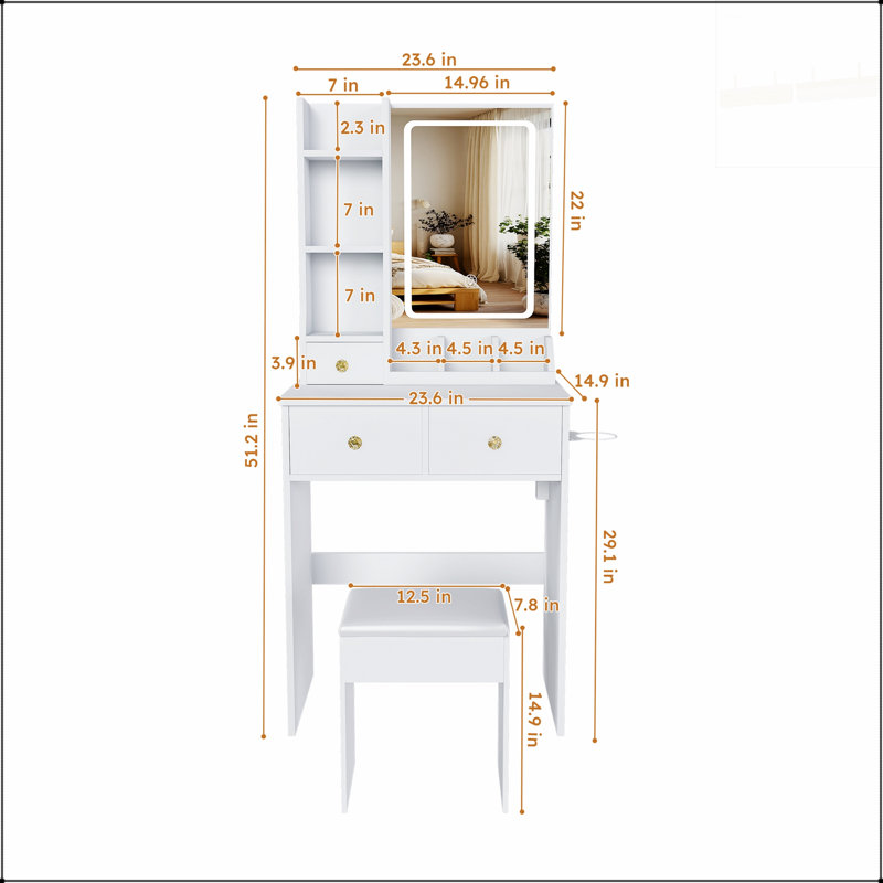 Petit meuble-lavabo moderne avec 3 modes d'éclairage DEL, luminosité réglable, tiroirs, tablettes, support pour sèche-cheveux et fauteuil