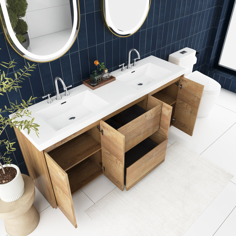 72 po Meuble-lavabo autoportant à panneaux de particules en chêne avec 2 tiroirs, Brun