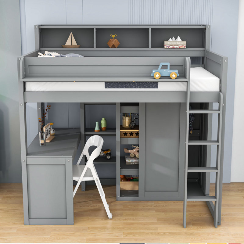 Lit mezzanine simple en bois avec bureau intégré, armoire et tablettes, Gris