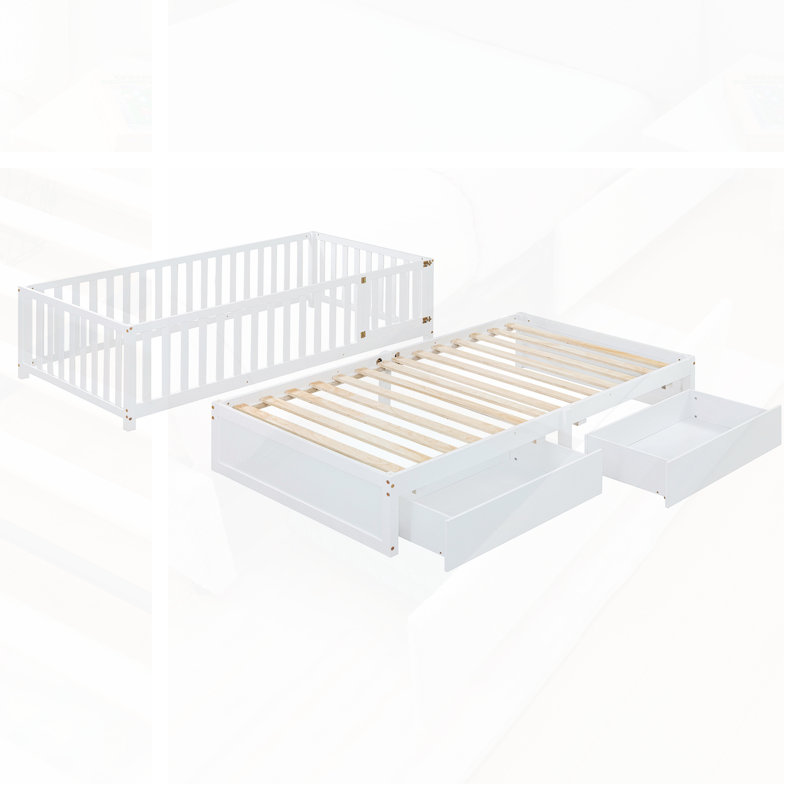 Twin Size Wood Daybed With Fence Guardrails And 2 Drawers; Slat Kit, Split Into Independent Floor Bed & Daybed, White
