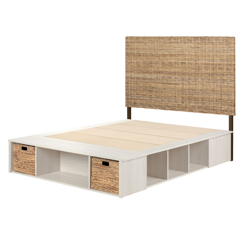 Avilla Storage Platform Bed With Baskets And Rattan Headboard Set, Full/Double, Oak