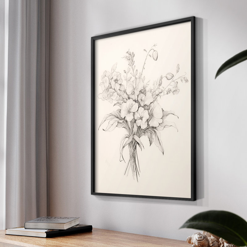 Impression florale rétro sur papier, Noir, H 10 po x l 8 po