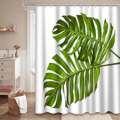 Monstera Leaf Swiss Cheese White Tropical Shower Curtain with 12 Hooks
