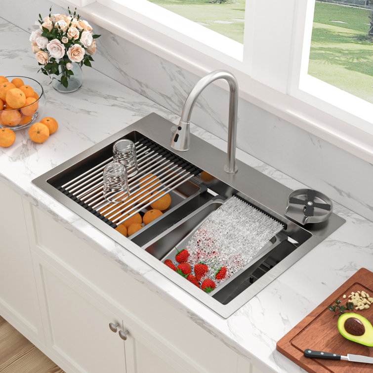 31 in. Waterfall Drop-In Kitchen Sink 16 Gauge Stainless Steel Multifunction Single Bowl Kitchen Sink with Ledge Workstation and Faucet Combo