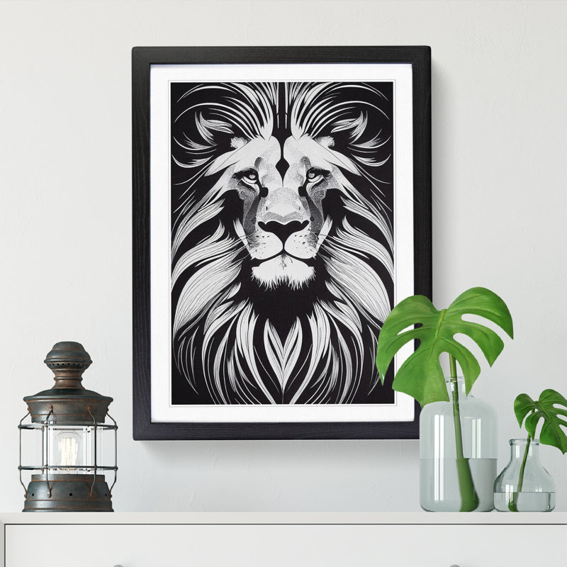 Lion Monochrome Vol.1 - Picture Frame Print, 34cm H x 25cm W x 2cm D, Oak