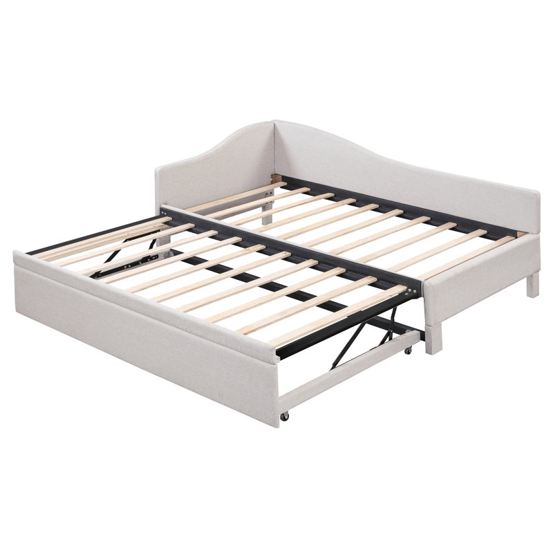  Lit de jour simple en L rembourré en forme de L avec couchette escamotable, structure de canapé en tissu peu encombrant avec lattes, beige