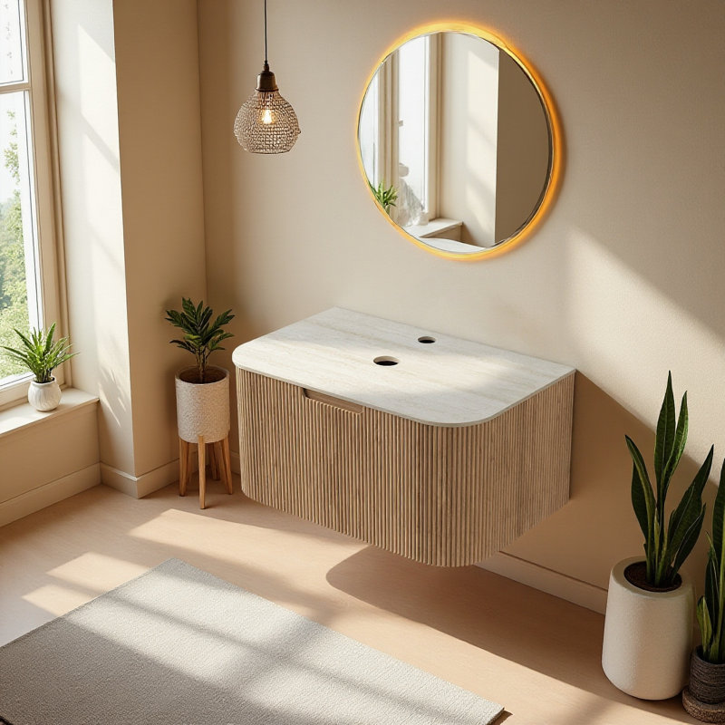 Armoire de salle de bain murale moderne 30 po avec 1 tiroir, meuble-lavabo en pierre frittée beige et armoire en bois brun, sans lavabo inclus