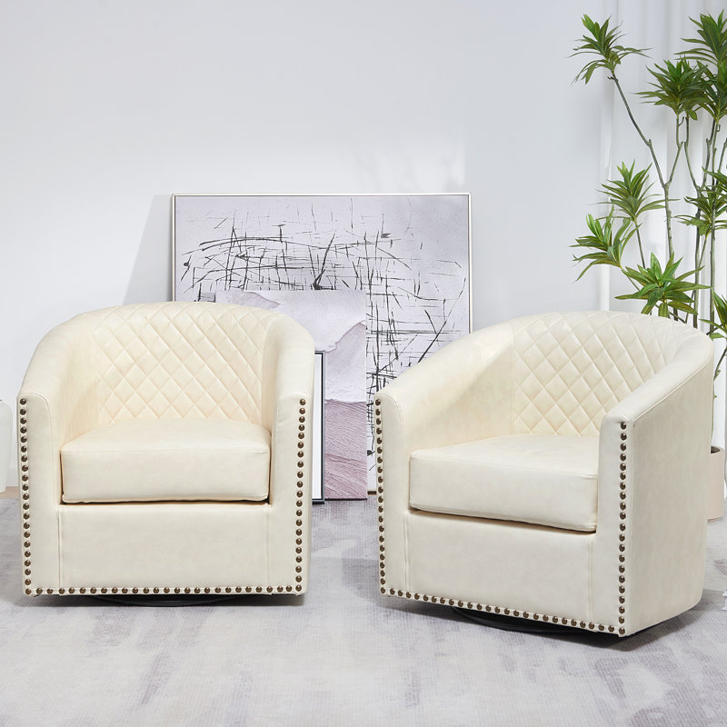 Oscar 29" W Water Resistant Faux Leather Swivel Barrel Chair, Cream Faux Leather