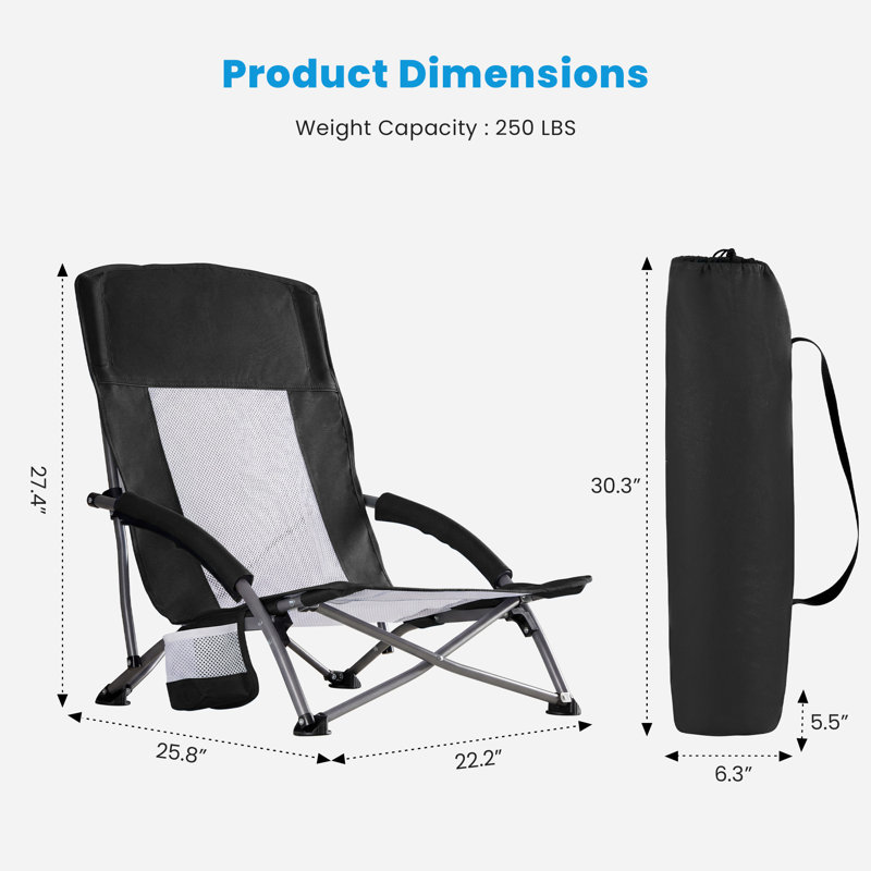 Portable Low Profile Beach Chair, Folding Breathable Camping Chair With Cup Holder, Black