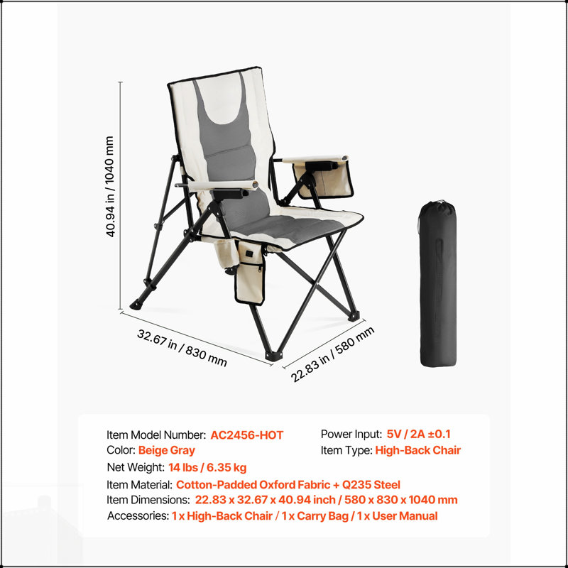 Heated Camping Chair With 3 Heat Settings, High Back, Padded Armrest, Cupholder, And Portable Design For Outdoor Comfort