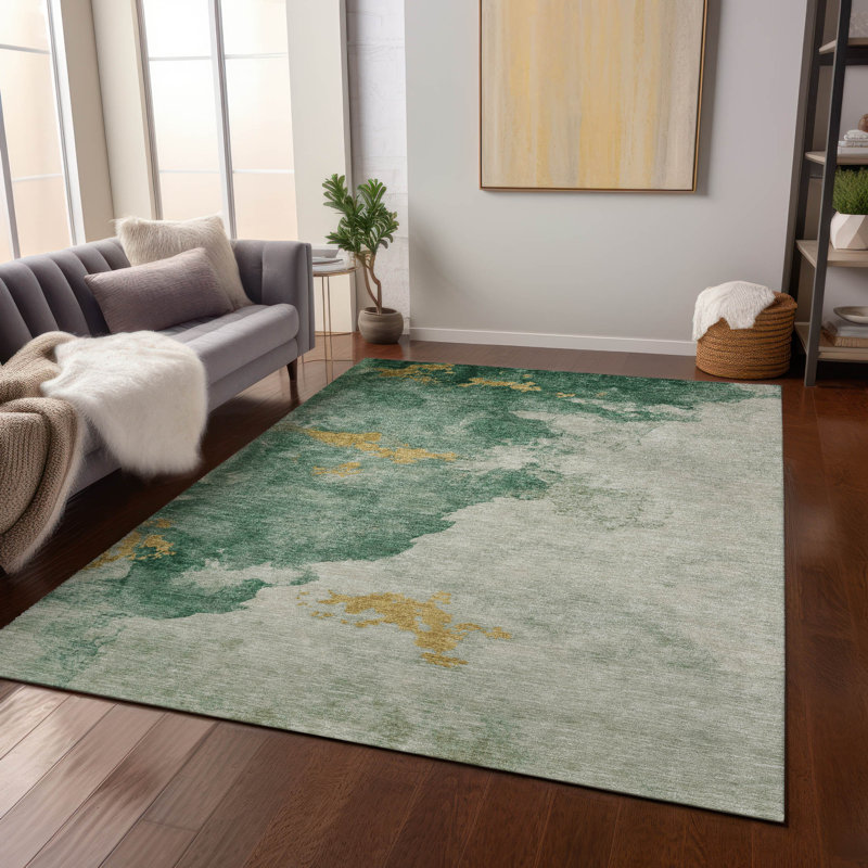 Tapis émeraude intérieur / extérieur lavable à la machine Xhevrie, Rectangulaire 3 pi x 5 pi