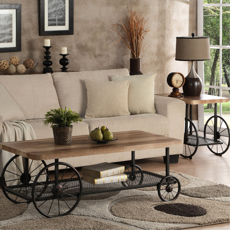 Industrial Rectangular End Table With Oak And Antique Grey Facade, Shelf, Wheels For Crafting Tasks Shelf Dining Multitasking