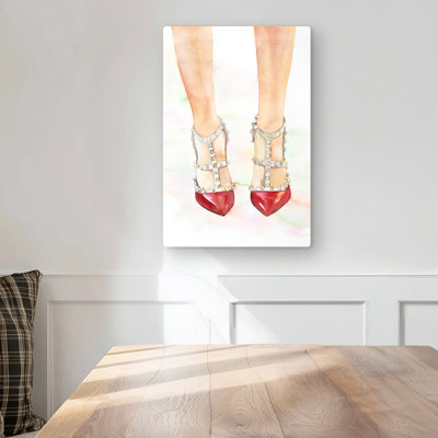 Red Studded High Heels - Beige Metal Print for Home Decor
