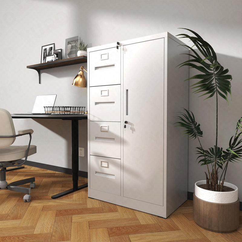 Classeur vertical à 4 tiroirs, 1 porte, en métal, verrouillable pour la maison / le bureau - Blanc
