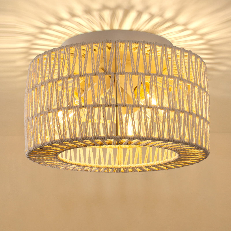 12 In. 3-Light White Rattan Flush Mount Ceiling Light For Hallway, Bedroom, Or Living Room