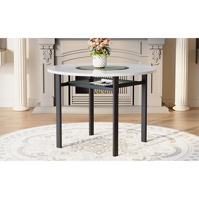 Table de salle à manger ronde de 42 po avec plateau en panneau de fibres à densité moyenne blanc et incrustation de verre gris pour 4 à 6 personnes