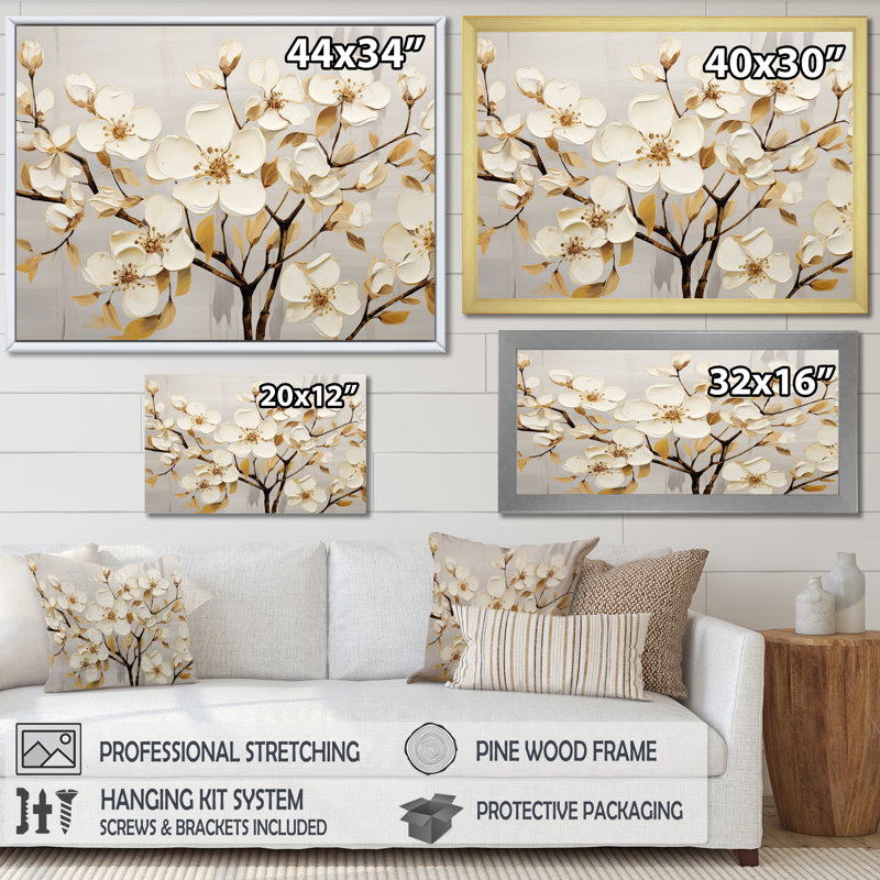 Dogwood Peacefulness sur toile or blanc, Cadre de coin blanc fermé, H 12 po x l 20 po x P 1 po