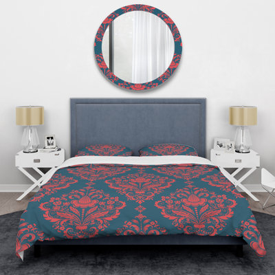 Grey And Red Damask - Patterned Duvet Cover Set