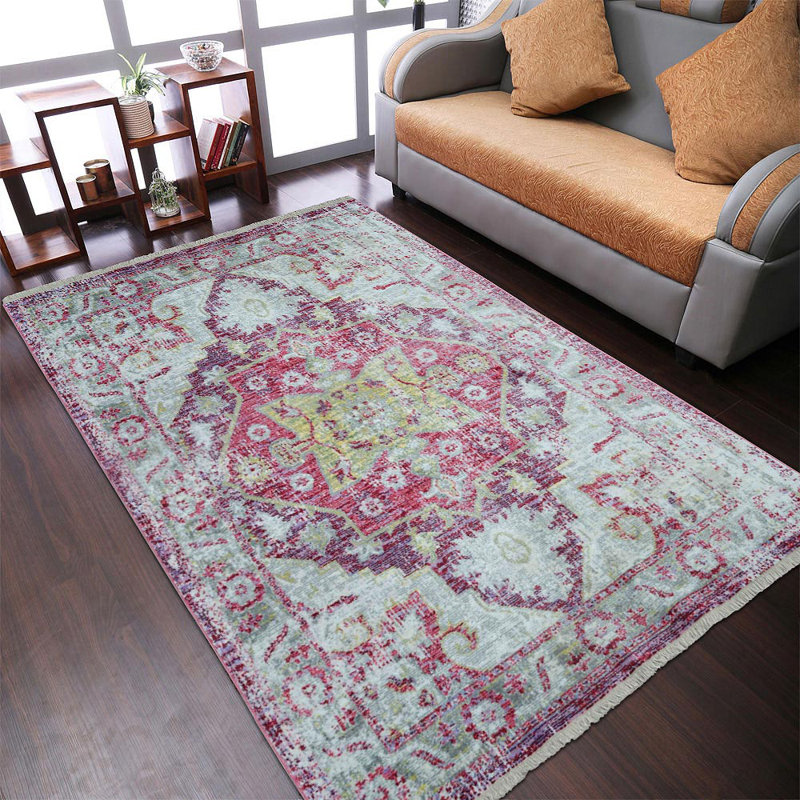 Beier Area Rugs for Living Room Bedroom, Machine Washable Rug, Indoor Floor Carpet Machine Woven Crossweave Polyester Area Rug - Pink Color | Oriental Design