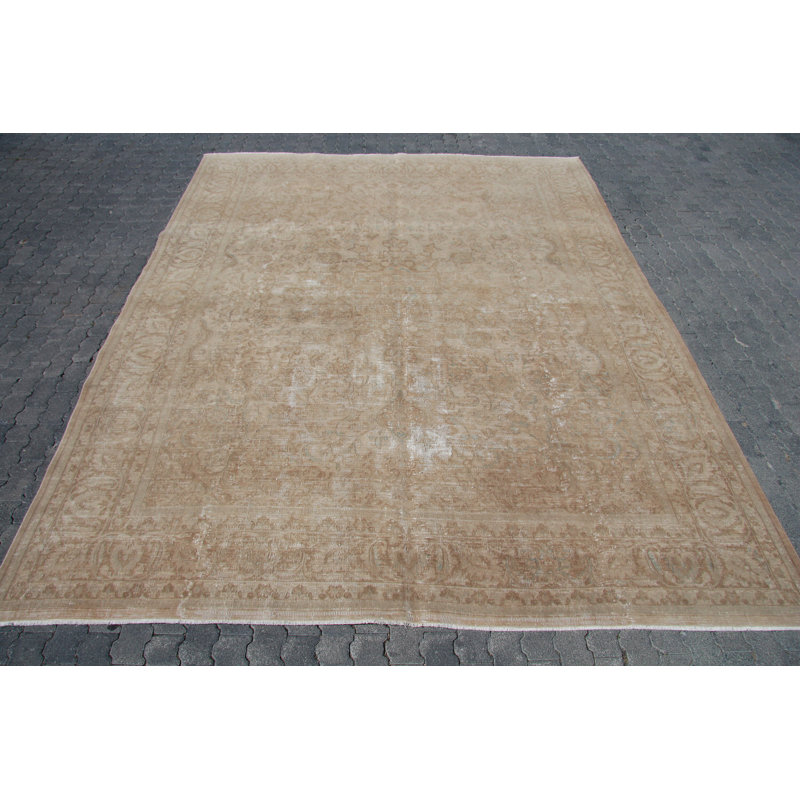 Tapis turc en laine beige fait à la main: tapis Oushak rétro pour décoration de salon bohémien