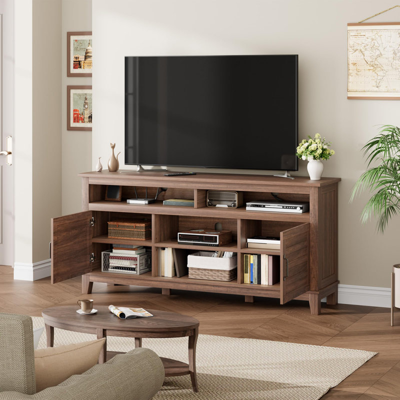 63" Farmhouse TV Stand for 65" TVs, Entertainment Center with Adjustable Shelves & Cabinet Doors for Living Room, Brown