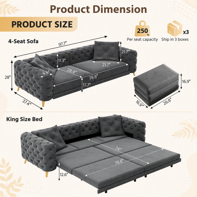 Canapé-lit convertible 3 en 1 avec siège profond, conception capitonnée et repose-pieds mobile pour une utilisation polyvalente dans les appartements, les bureaux et les chambres