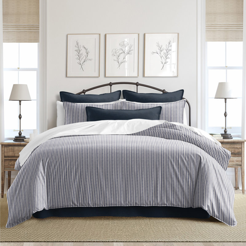 Walker Ticking Stripe Indigo/Ivory Cotton Duvet Cover Set, King Duvet Cover + 2 King Shams