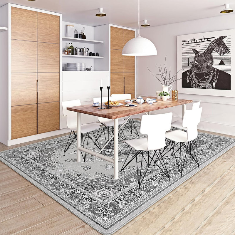 Delcine Washable Floral Indoor Rug, Gray, Rectangle 4' x 6'