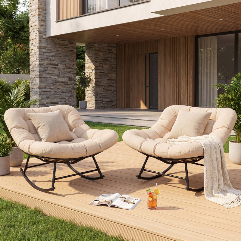 Fauteuil à bascule 2 pièces en métal, chaise longue moderne d'intérieur / extérieur avec coussins ergonomiques épais de 6,29 po (kaki)
