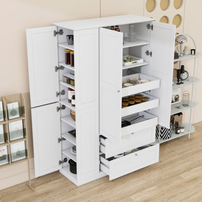Modern Tall Freestanding Kitchen Pantry Cabinet with Drawers, Adjustable Shelves and Pull-Out Trays