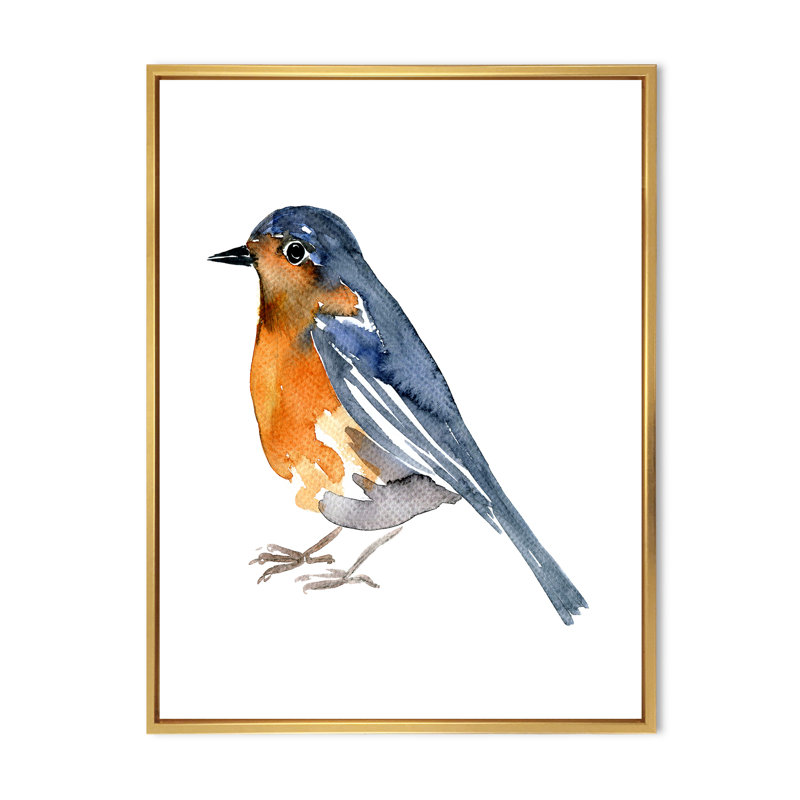 Oiseau orange rétro - peinture sur toile, H 32 po x l 24 po x P 1 po, Encadrement doré