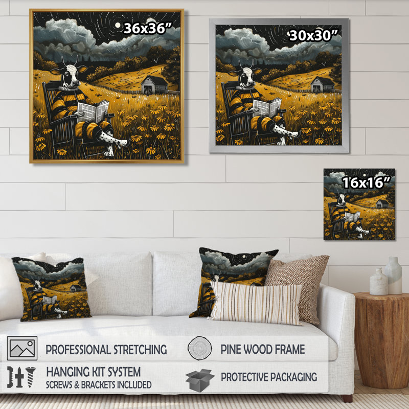 Vache lisant dans le pré sur une chaise berçante, Toile encadrée noire simple, H 16 po x l 16 po x P 1 po