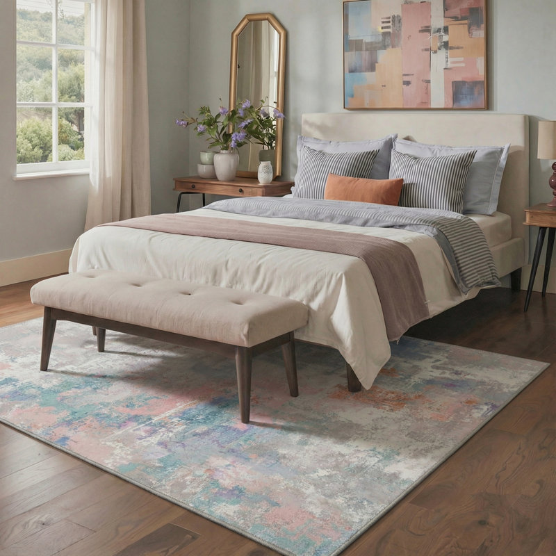 Pavelina Abstract Watercolor Machine Washable Beige / Pink / Green Indoor Area Rug with Non-Slip Backing, Round 5'