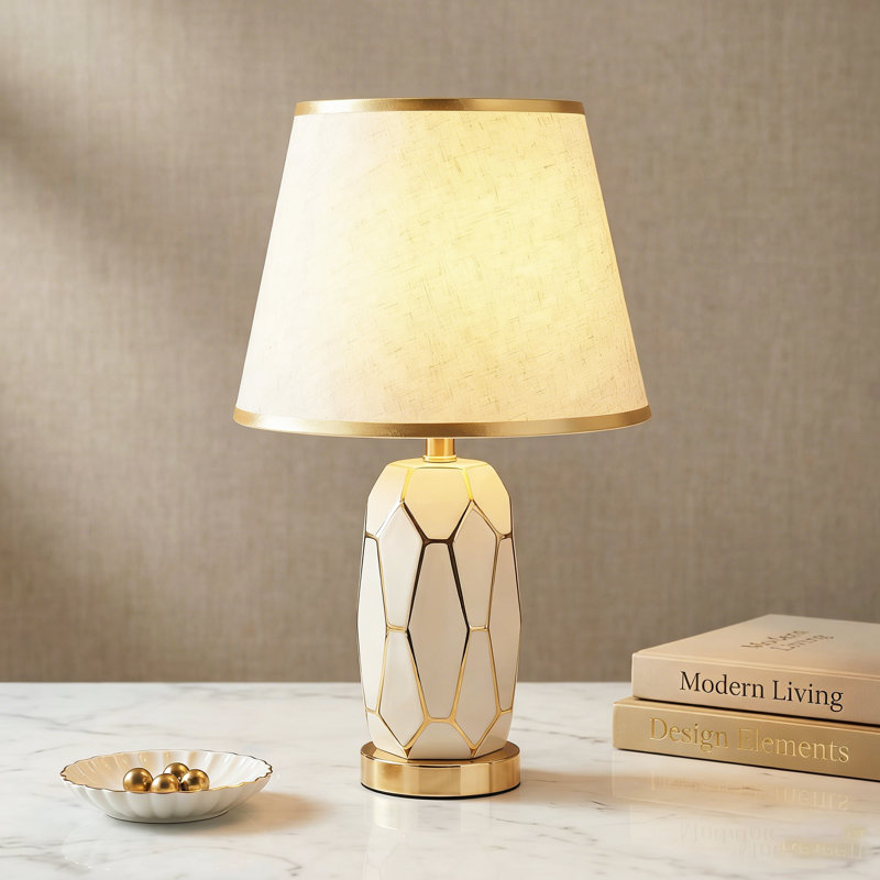 Modern Nightstand Ceramic Table Lamp With Fabric Lamp Shade With 3-color Light Bulb