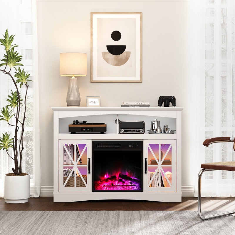 Tv Stand With 18'' Fireplace Insert, Entertainment Center With Adjustable Shelves And Led Lights, White