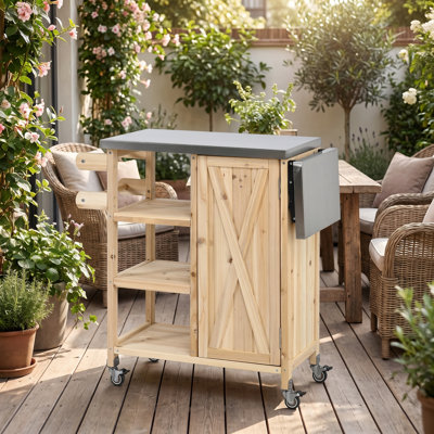 Îlot de cuisine d'extérieur pliable avec comptoir en acier inoxydable, structure en bois de sapin, armoire de rangement et porte-serviettes pour terrasse, balcon ou jardin.