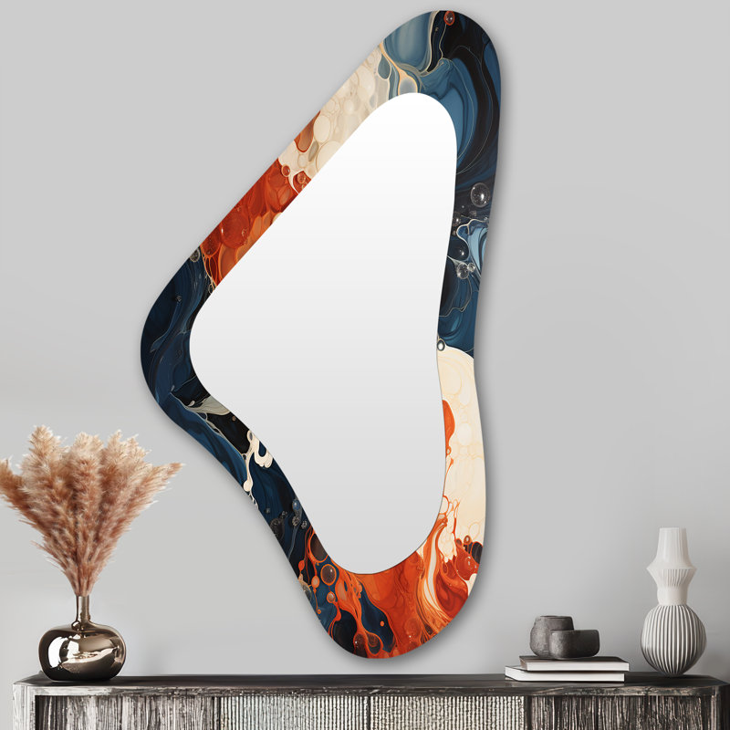 Encre liquide bleue et orange V - peinture abstraite grand miroir mural asymétrique moderne