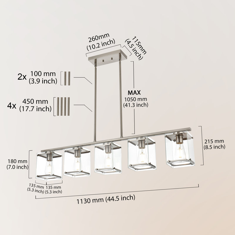 Luminaire suspendu pour îlot de cuisine 5 lumières Sariyah, Nickel brossé