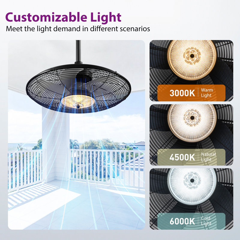 20" Outdoor Ceiling Fan With Light, Waterproof, Reversible Dc Motor, 6-speed, Remote & App Control, Hook Mount, Black