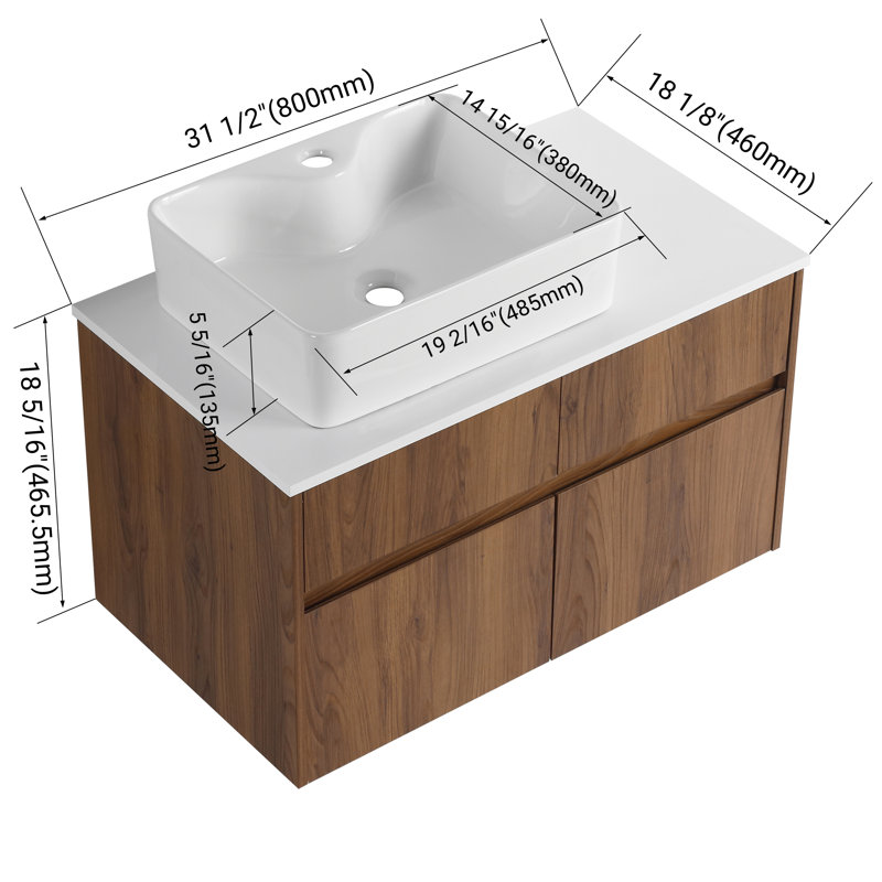 Ensemble de meuble-lavabo mural simple 32 po avec plateau en céramique Zephric, Square, Brun ébène