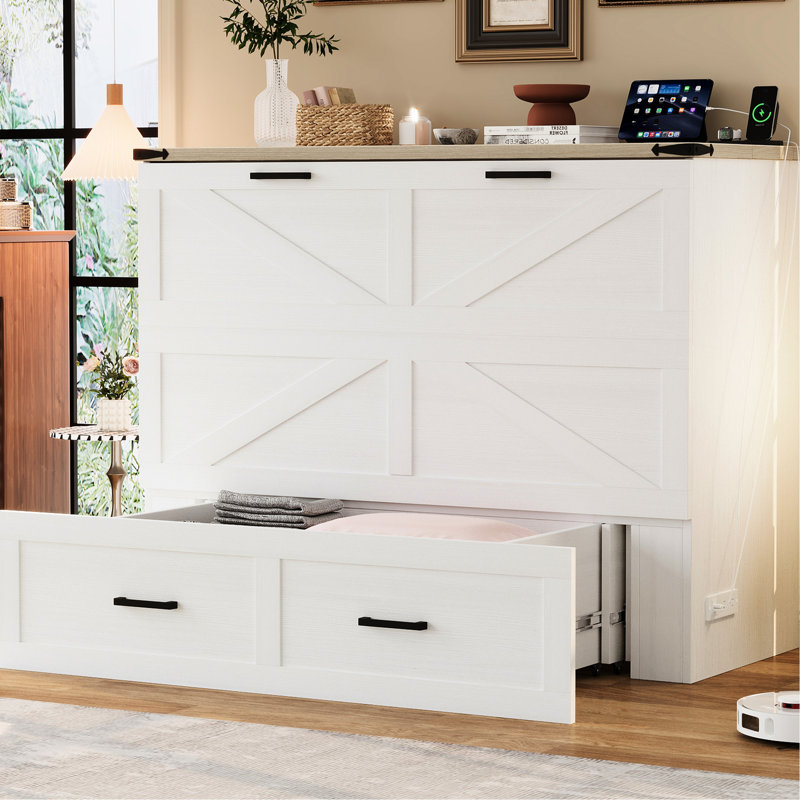 Lit armoire blanc avec moteur de charge et grand bac de rangement, plate-forme pliable pour les petits instruments de chambre d'amis